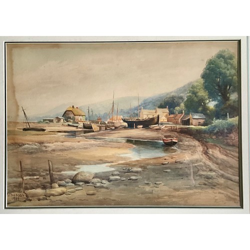 29 - FRAMED WATERCOLOURS (2) EARLY 20TH C. - GEORGE DODSON ‘PORLOCK WEIR VILLAGE’ 1907 Approx. 51.5cm W x... 