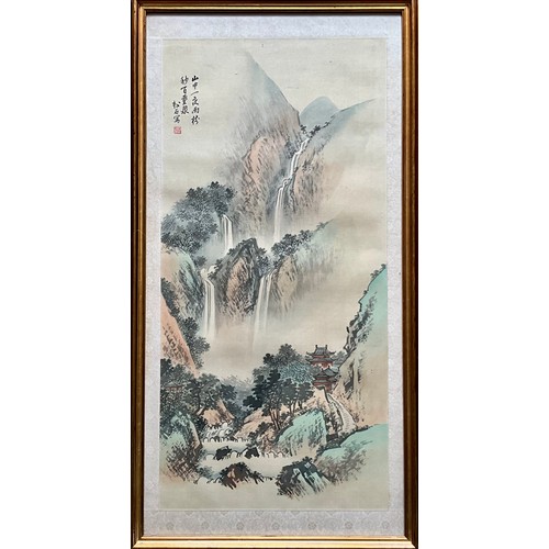 36 - FRAMED VERTICAL HANGING SCROLLS (3) - CHINESE SHAN SHUI LANDSCAPE PAINTINGS
Each measures approx. 68... 