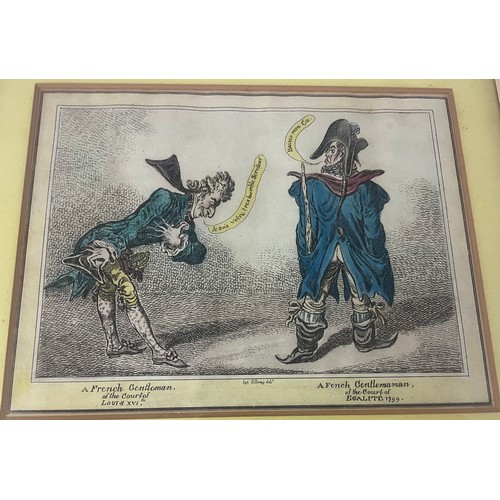 44 - TWO GILLRAY (JAMES) HAND COLOURED ETCHINGS  A FRENCH GENTLEMAN OF THE COURT OF LOUIS XVITH AND  L’IN... 