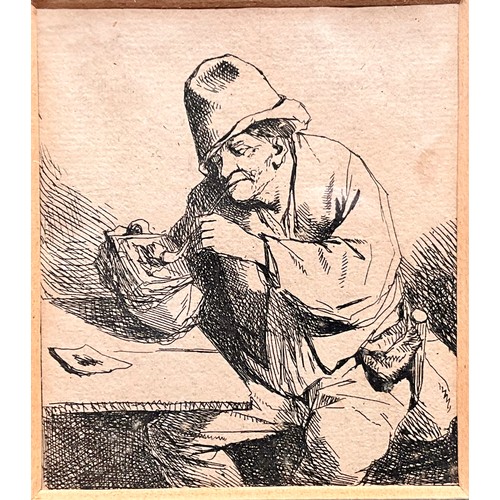 45 - ATTRIBUTED TO CORNELIUS BEGA (1631/1632-1664) - ETCHING STUDY OF A FIGURE LIGHTING A CLAY PIPE AND 2... 