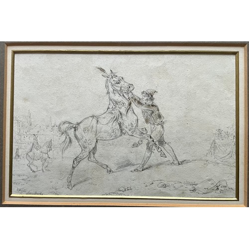 46 - SKETCH DEPICTING A REARING HORSE, INDISTINCTLY SIGNED, APPROX. 20 X 13 cm