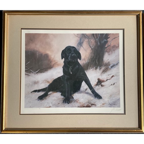 52 - JOHN TRICKETT (1953) LTD ED. PRINT BLACK LABRADOR IN THE SNOW #178/850 Approx. 52 x 40cm TOGETHER WI... 