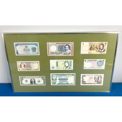 60 - FRAMED BANK NOTES TOGETHER WITH 2 FRAMED ADVERTISING MIRRORS BEEFEATER GIN & SOUTHERN COMFORT