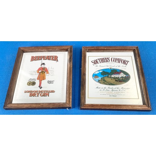 60 - FRAMED BANK NOTES TOGETHER WITH 2 FRAMED ADVERTISING MIRRORS BEEFEATER GIN & SOUTHERN COMFORT