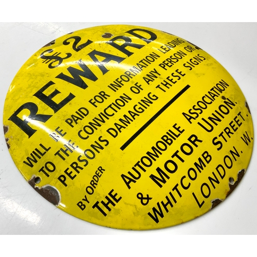  AN ENAMEL CIRCULAR AA £2 REWARD FOR ANY PERSON DAMAGING THESE SIGNS. A CONVEX SIGN