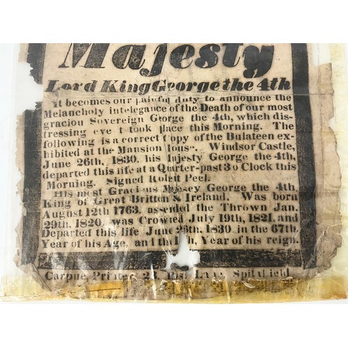 7 - 19TH CENTURY BROADSIDE / PAYBILL ANNOUNCING THE DEATH OF KING GEORGE IV  APPROXIMATELY 23cm x18cm  B... 