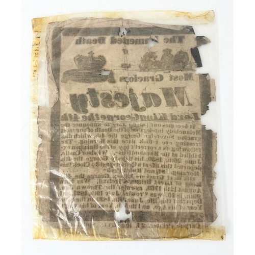 7 - 19TH CENTURY BROADSIDE / PAYBILL ANNOUNCING THE DEATH OF KING GEORGE IV  APPROXIMATELY 23cm x18cm  B... 