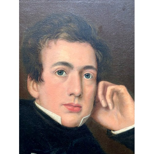 3 - LARGE OIL ON CANVAS, YOUNG GENTLEMAN IN GEORGIAN COSTUME LABELLED JOHN BLAKEMORE, APPROX. 64 X 76 cm