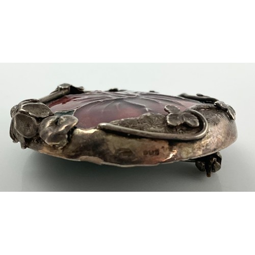 11 - RARE MOORCROFT POTTERY BROOCH WITH A MOORCROFT ROUNDEL IN A ORNATE HALLMARKED SILVER MOUNT 3.8cm