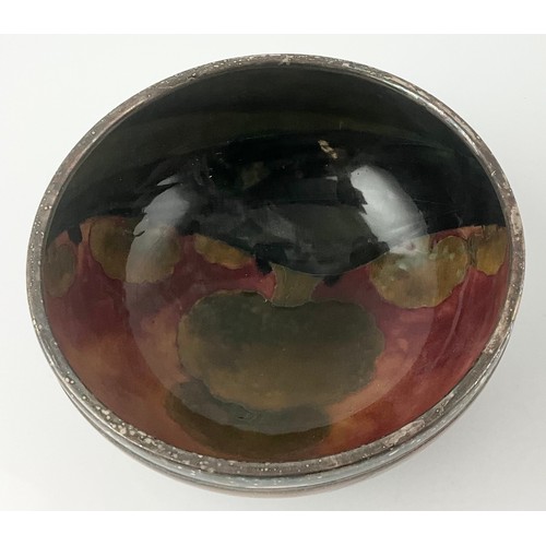 21 - RARE MOORCROFT POTTERY FOOTED BOWL DECORATED IN THE EVENTIDE LANDSCAPE PATTERN WITH A SILVER PLATED ... 