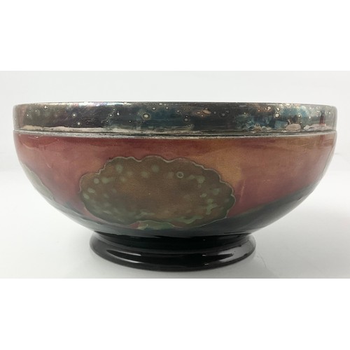 21 - RARE MOORCROFT POTTERY FOOTED BOWL DECORATED IN THE EVENTIDE LANDSCAPE PATTERN WITH A SILVER PLATED ... 
