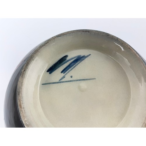 21 - RARE MOORCROFT POTTERY FOOTED BOWL DECORATED IN THE EVENTIDE LANDSCAPE PATTERN WITH A SILVER PLATED ... 