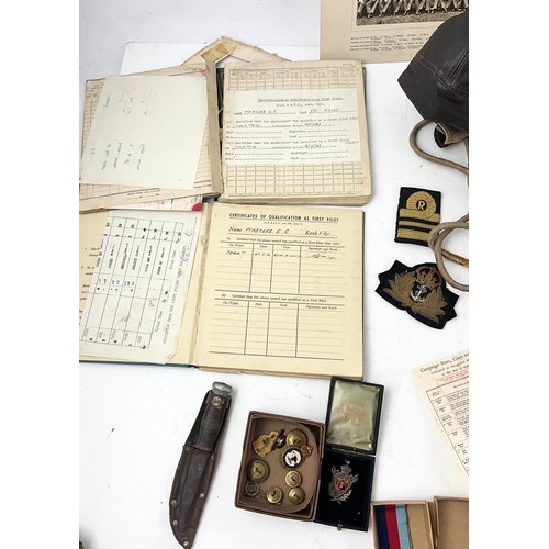 55 - MIXED COLLECTION OF MILITARIA INCLUDING TWO EC MASTERS FLIGHT RECORD BOOKS , FLYING HELMET , 4476 PT... 