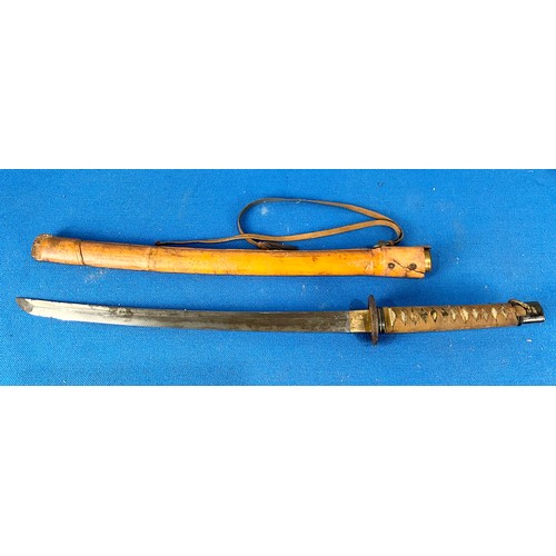 40 - SAMURAI TYPE SWORD WITH LEATHER BOUND SHAGREEN HANDLE AND SCABBARD 77cm WITH SIGNATURE TO TANG