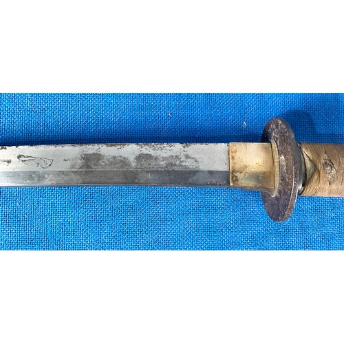 40 - SAMURAI TYPE SWORD WITH LEATHER BOUND SHAGREEN HANDLE AND SCABBARD 77cm WITH SIGNATURE TO TANG