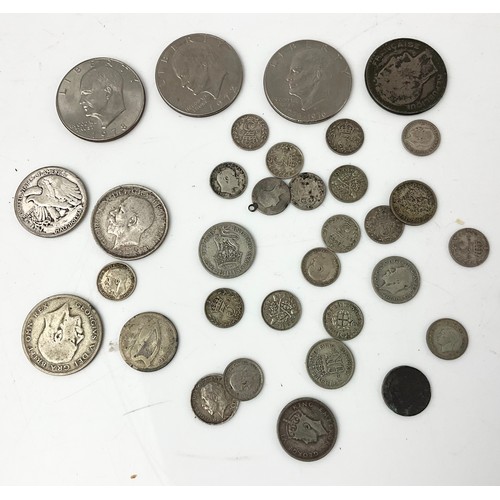 72 - MIXED SILVER COINS INCLUDING 3 X LIBERTY DOLLARS , HALF CROWNS , 20 FRANCS, THREEPENCES ETC 183g GRO... 