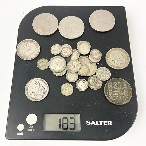 72 - MIXED SILVER COINS INCLUDING 3 X LIBERTY DOLLARS , HALF CROWNS , 20 FRANCS, THREEPENCES ETC 183g GRO... 