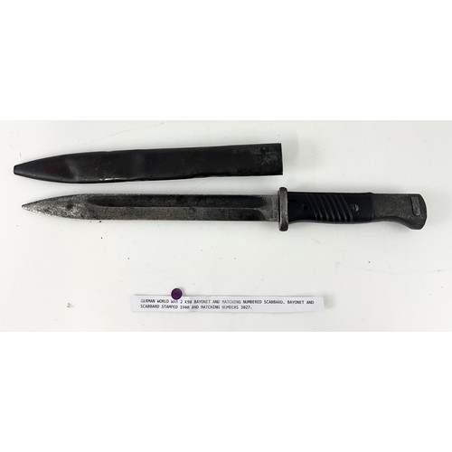 37 - GERMAN WWII K98 BAYONET AND SCABBARD WITH MATCHING 3027 NUMBERS, STAMPED 1940