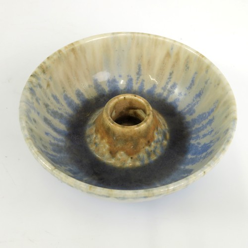 22 - UNUSUAL  RUSKIN  CRYSTALLINE GLAZE CANDLE /  MATCH HOLDER BOWL WITH IMPRESSED  POTTERY MARKS TO BASE... 