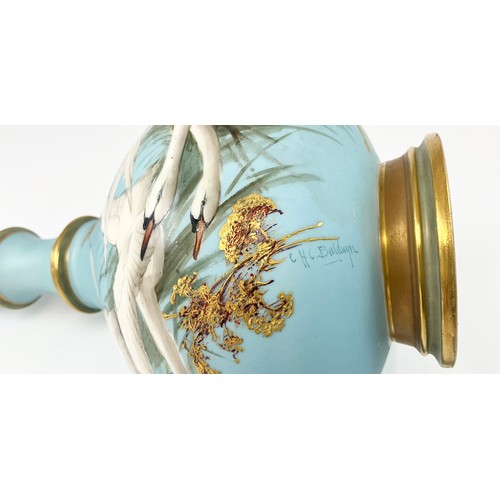 9 - STUNNING  ROYAL WORCESTER VASE DECORATED WITH FIVE SWANS ON A POWDER BLUE GROUND  SIGNED C H C BALDW... 
