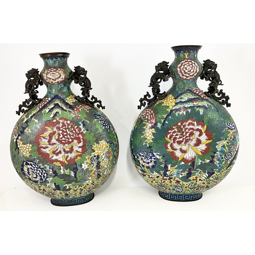 66 - PAIR OF LARGE AND VERY IMPRESSIVE JAPANESE CLOISONNE PILGRIM/MOON FLASKS WITH MOULDED DRAGON HANDLES... 