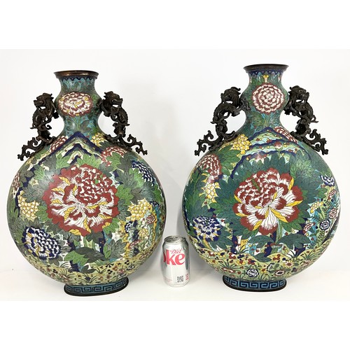 66 - PAIR OF LARGE AND VERY IMPRESSIVE JAPANESE CLOISONNE PILGRIM/MOON FLASKS WITH MOULDED DRAGON HANDLES... 