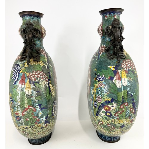 66 - PAIR OF LARGE AND VERY IMPRESSIVE JAPANESE CLOISONNE PILGRIM/MOON FLASKS WITH MOULDED DRAGON HANDLES... 
