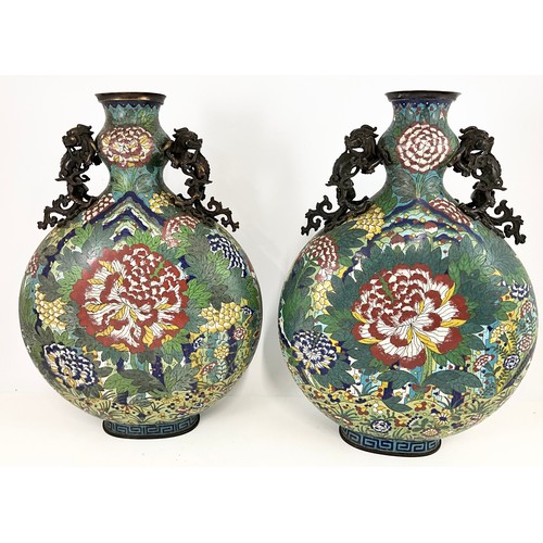 66 - PAIR OF LARGE AND VERY IMPRESSIVE JAPANESE CLOISONNE PILGRIM/MOON FLASKS WITH MOULDED DRAGON HANDLES... 