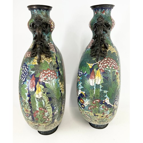 66 - PAIR OF LARGE AND VERY IMPRESSIVE JAPANESE CLOISONNE PILGRIM/MOON FLASKS WITH MOULDED DRAGON HANDLES... 