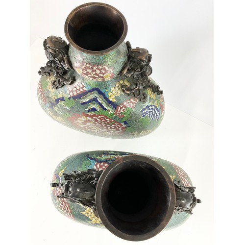 66 - PAIR OF LARGE AND VERY IMPRESSIVE JAPANESE CLOISONNE PILGRIM/MOON FLASKS WITH MOULDED DRAGON HANDLES... 