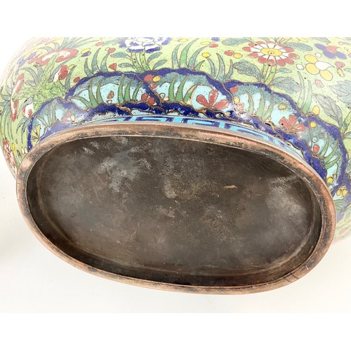 66 - PAIR OF LARGE AND VERY IMPRESSIVE JAPANESE CLOISONNE PILGRIM/MOON FLASKS WITH MOULDED DRAGON HANDLES... 
