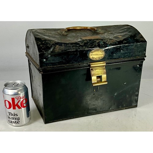  RAILWAY DRIVERS SNAP LUNCH BOX MADE BY DUKE LTD OF GRIMSBY, WITH ORIGINAL RECEIPT 1950, BRASS PLATE,... 