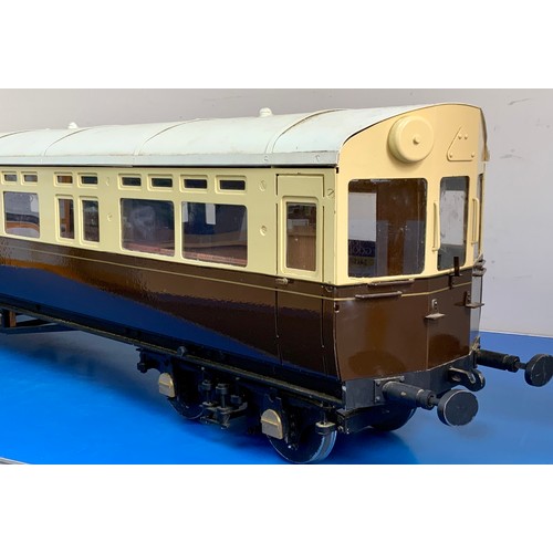  LARGE SCALE MODEL RAILWAY, A WINSON 5 INCH GAUGE GWR AUTO COACH, BUILT, PAINTED IN GWR CHOCOLATE & C... 