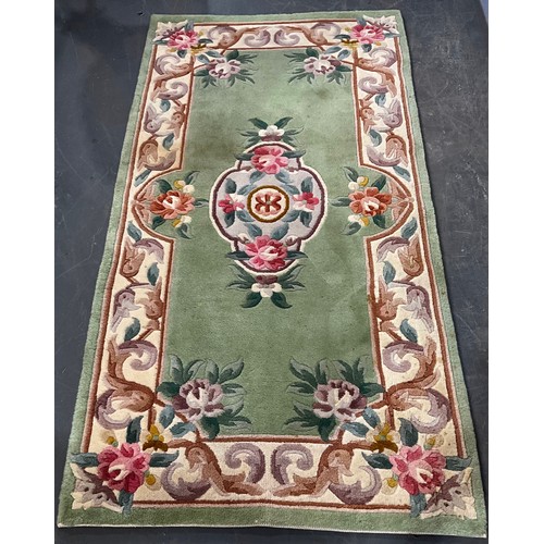 AUBUSSON STYLE GREEN WOOL RUG WITH PINK FLORAL MEDALLION 182cm x 94cm