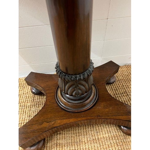 102 - A George IV style card table with rectangular top folding to enclose a blaze on turned column (H74cm... 