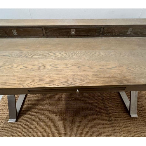104 - A light beech chrome desk with cross chrome legs and three drawers (H88cm W160cm D80cm)
