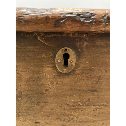 131 - An oak three panelled top trunk with wrought iron handles. (88cm W x 50cm d x 44cm H)