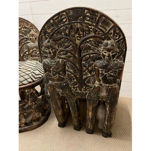 139 - A pair of carved seats with tribal theme carving to back and base