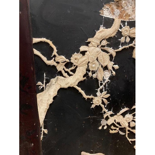 144 - A late 19th century Japanese black laquered screen with mother of pearl and bone bird details. Signe... 