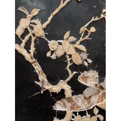 144 - A late 19th century Japanese black laquered screen with mother of pearl and bone bird details. Signe... 