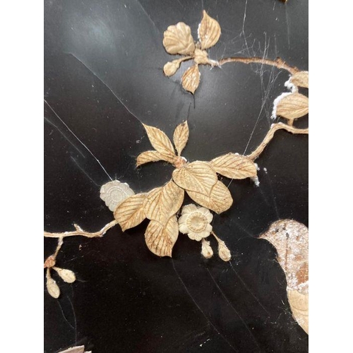144 - A late 19th century Japanese black laquered screen with mother of pearl and bone bird details. Signe... 