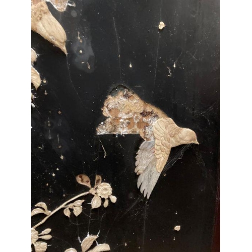 144 - A late 19th century Japanese black laquered screen with mother of pearl and bone bird details. Signe... 