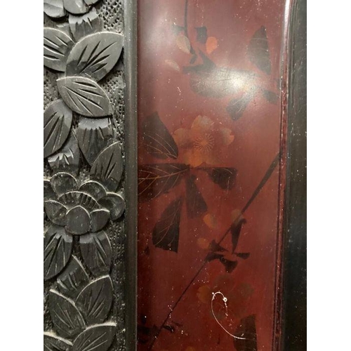 144 - A late 19th century Japanese black laquered screen with mother of pearl and bone bird details. Signe... 