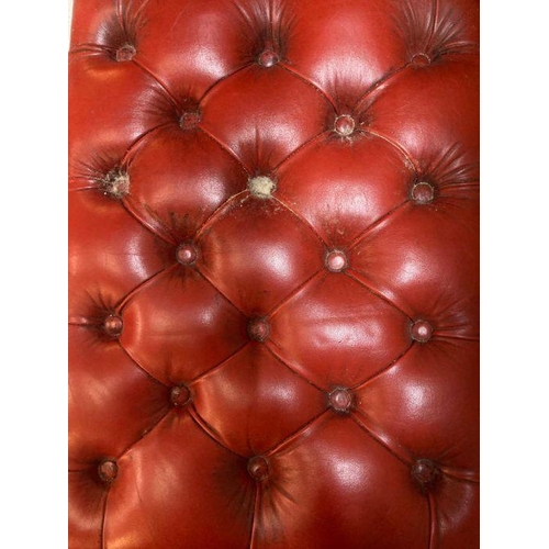 179 - A military campaign style telephone bench with red leather buttoned seat AF (H72cm W90cm D37cm)