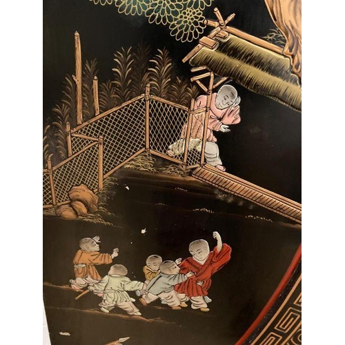 78 - A reproduction four panelled Japanese screen depicting children playing Height 183 width 173 at full... 