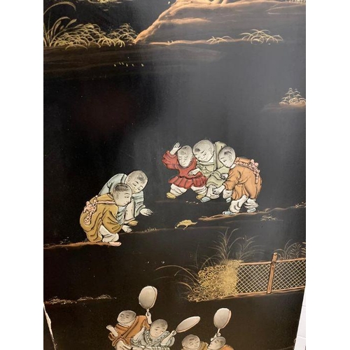 78 - A reproduction four panelled Japanese screen depicting children playing Height 183 width 173 at full... 