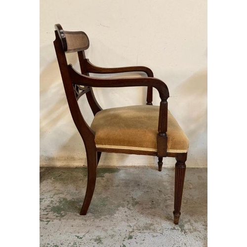 123 - A set of five mahogany Edwardian dining chairs upholstered in gold