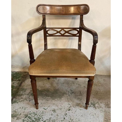 123 - A set of five mahogany Edwardian dining chairs upholstered in gold