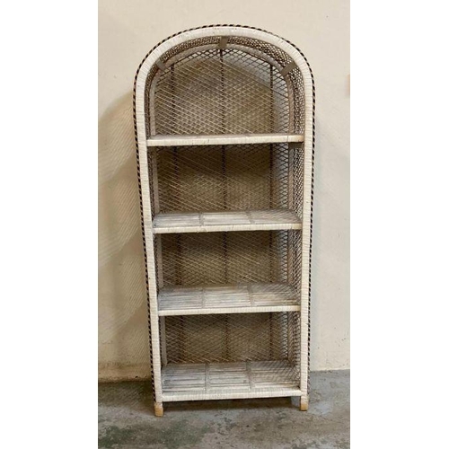 16 - A Mid Century rattan white painted arched shelving unit (H131cm)