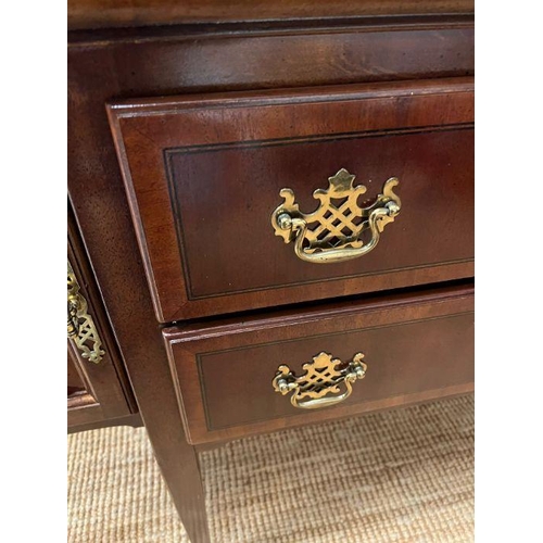 178 - A Sheraton style sideboard with raised brass gallery back, flanked with cupboards and drawers (H90cm... 